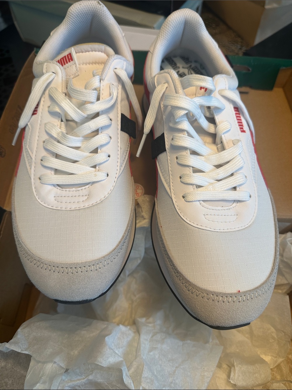 Puma White, Gray & Red Low-Top Sneakers